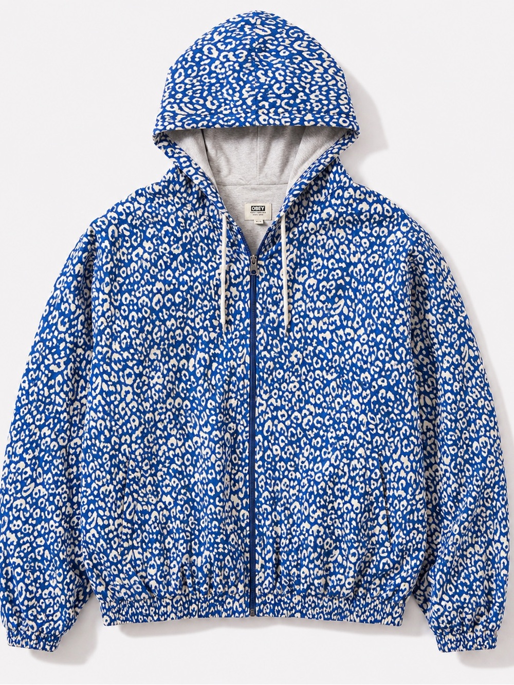 Obey Blue Leopard Print Zip-Up Hooded Windbreaker Jacket Animal Print NWOT